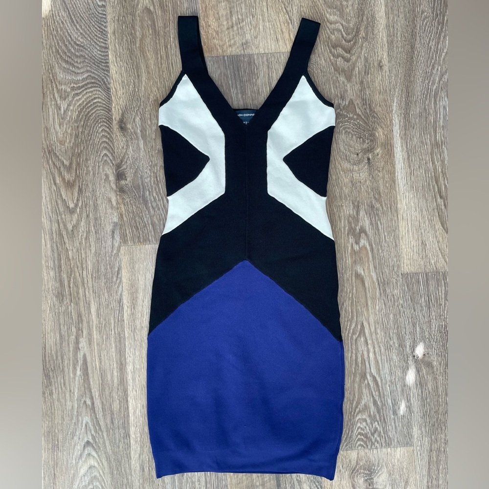 Y2K French Connection Colorblock Bodycon Dress US 2 Black White Blue Knit